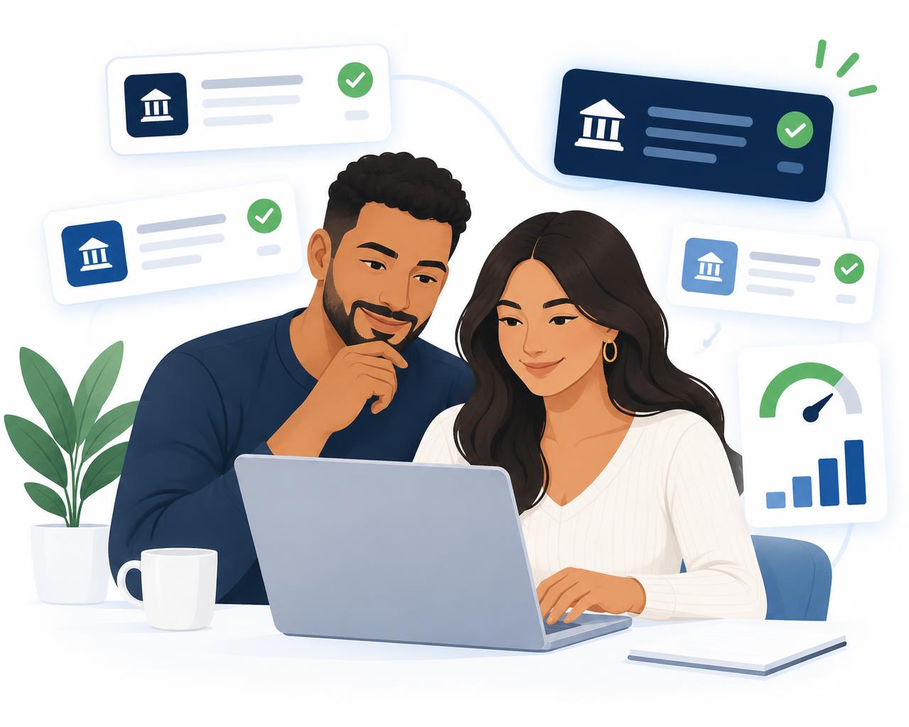 Two people reviewing personal loan options together on a laptop